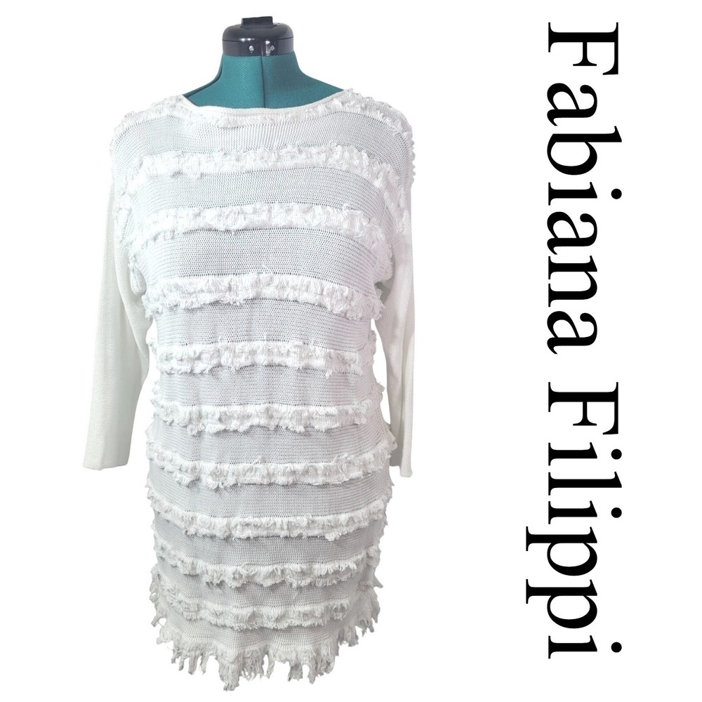 Fabiana Filippi White Textured Fringe Knit Tunic Top 10 Made in Italy 3/4 Sleeve